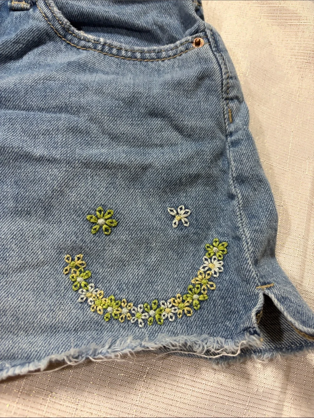 Old Navy Light Blue Denim Shorts with Embroidered Smile